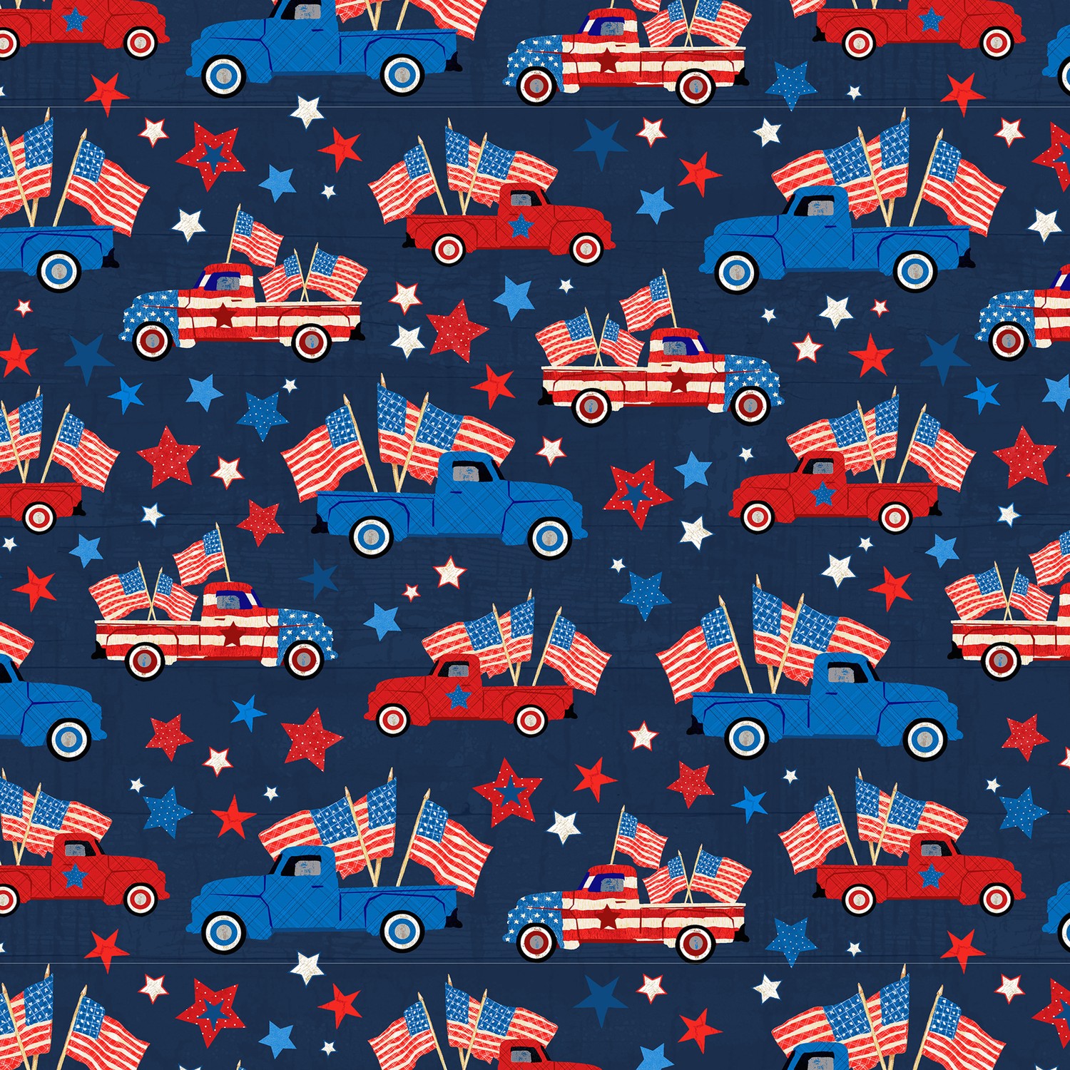 Patriotic Picnic Patriotic Trucks Navy Quilting Cotton Fabric Yardage - Navy