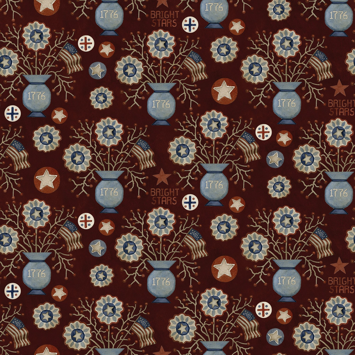 Bright Stars Vases Burgundy Quilting Cotton Fabric Yardage - Burgundy