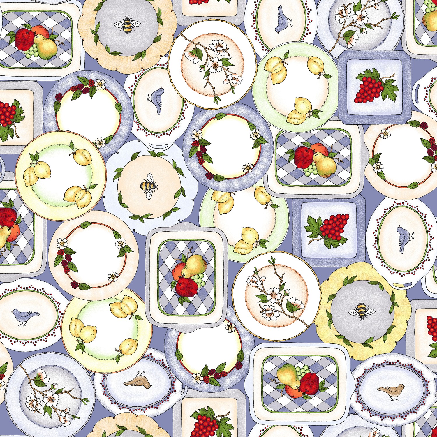 Fancy Fruit Fruit Plates Blue Quilting Cotton Fabric Yardage - Blue