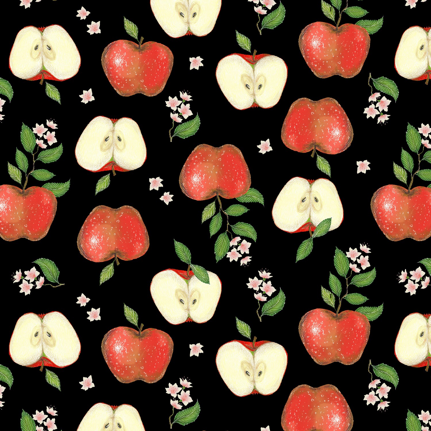 Just Fruit Apples Black Quilting Cotton Fabric Yardage - Black