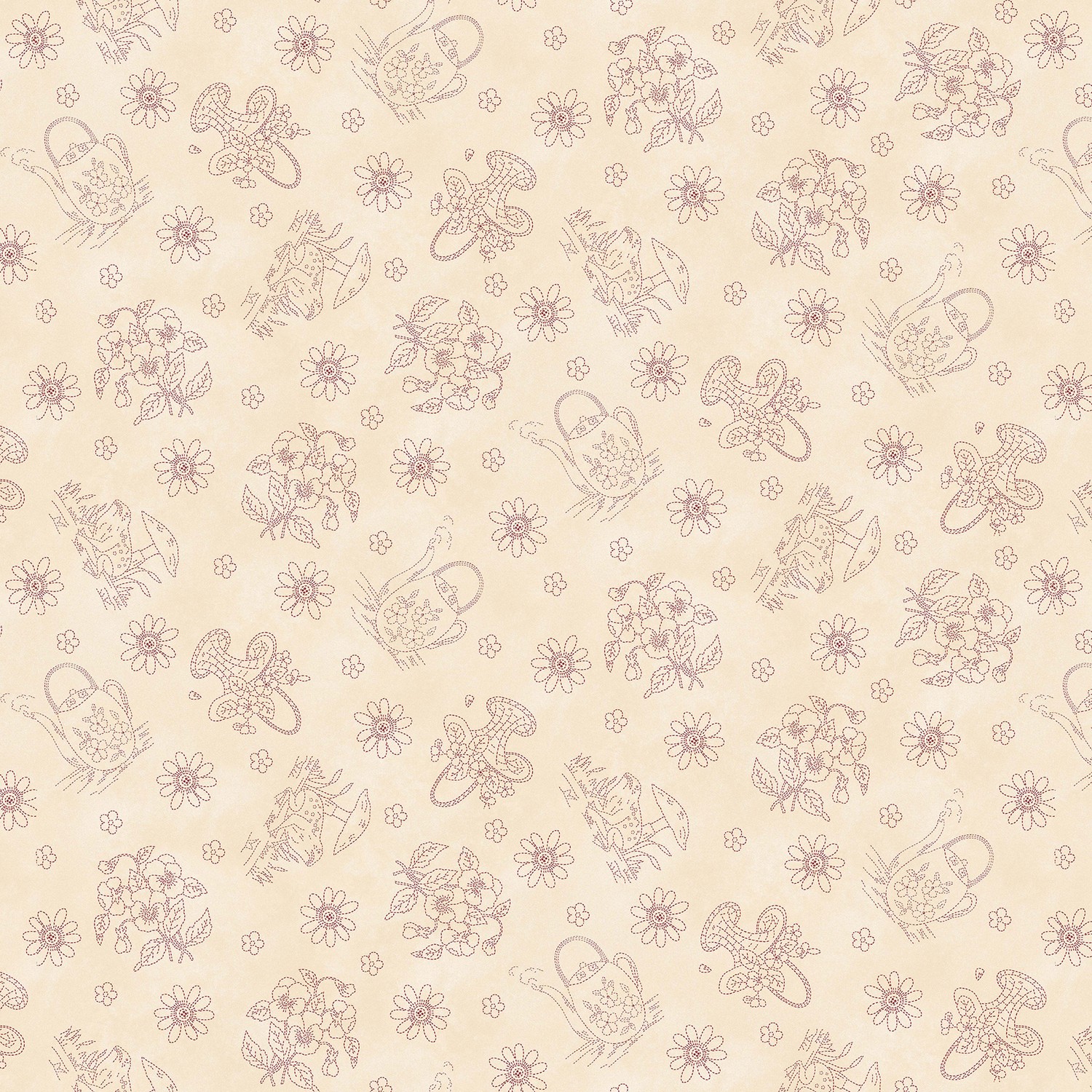 Memories in Redwork Tossed Allover Novelty Cream Quilting Cotton Fabric Yardage - Cream