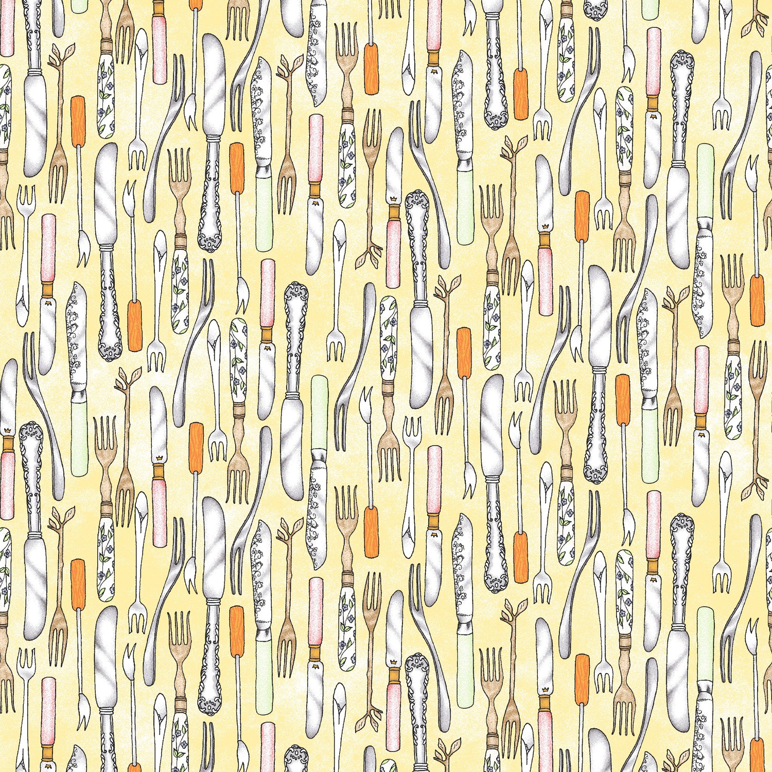 Fancy Fruit Knife & Fork Yellow Quilting Cotton Fabric Yardage - Yellow
