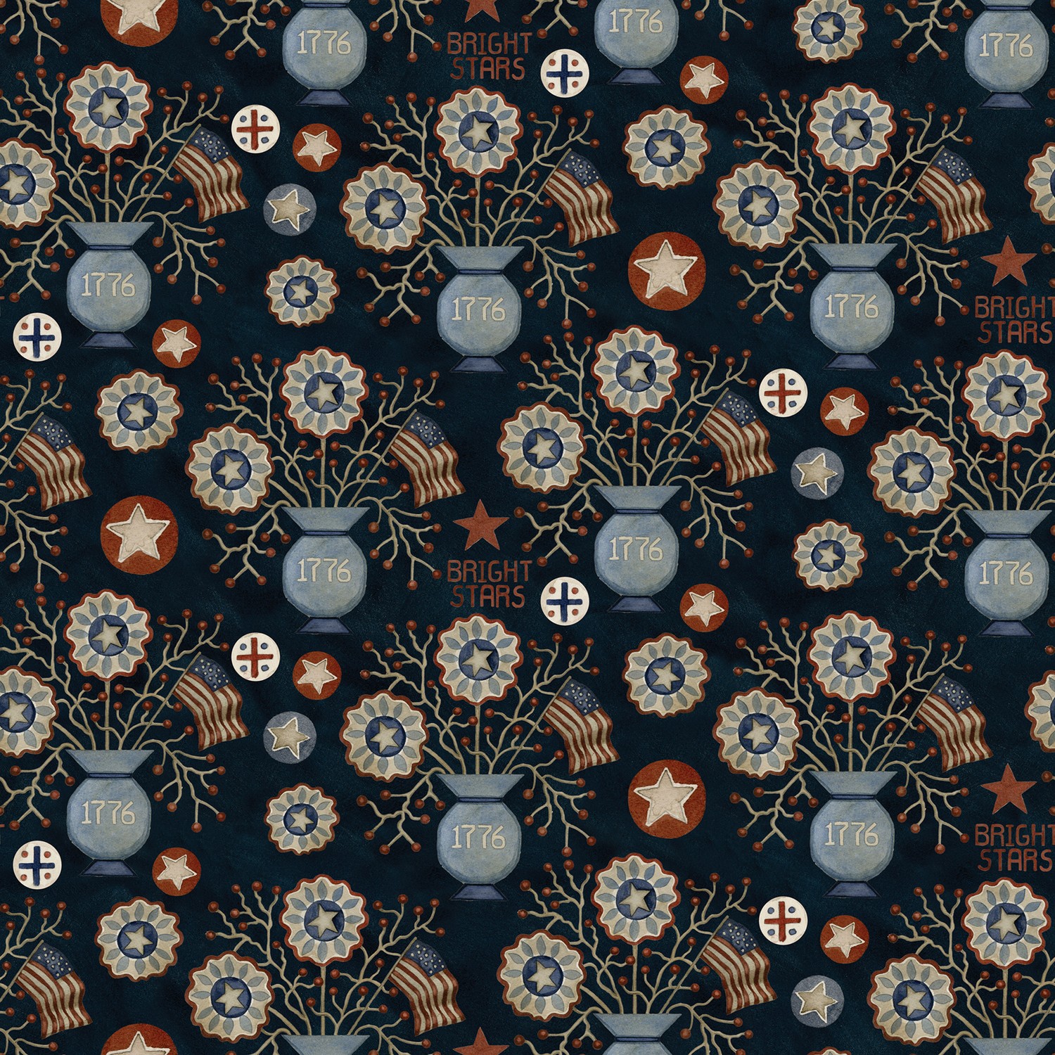 Bright Stars Vases Navy Quilting Cotton Fabric Yardage - Navy