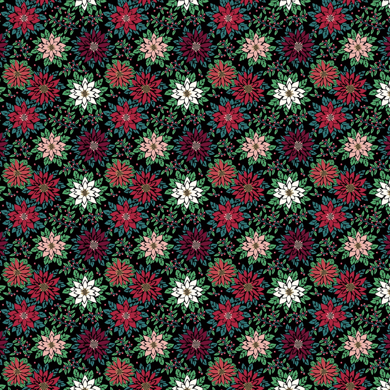Holiday Magic Pretty Poinsettias Black Metallic Quilting Cotton Fabric Yardage - Black Metallic