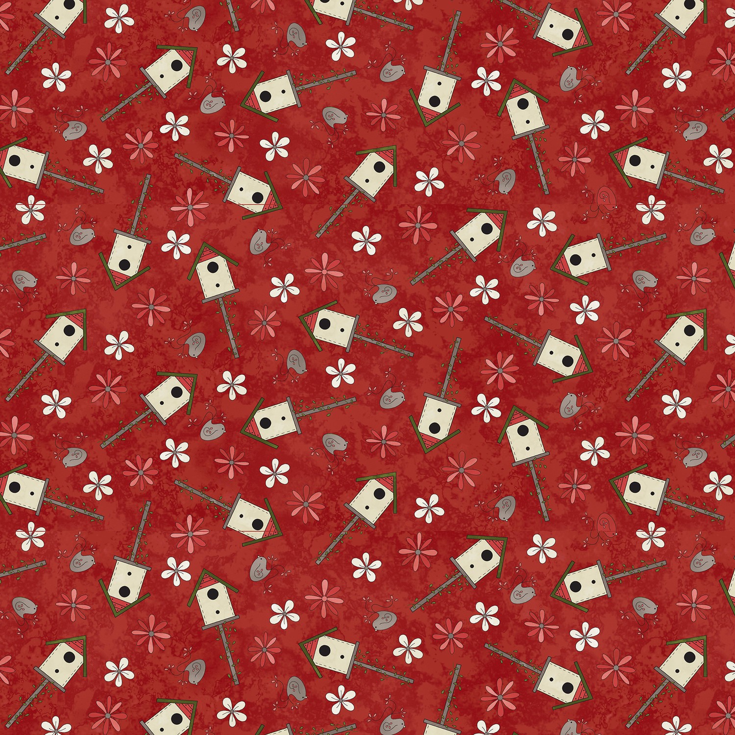 Birds of a Feather Small Bird House Daisy Red Quilting Cotton Fabric Yardage - Red