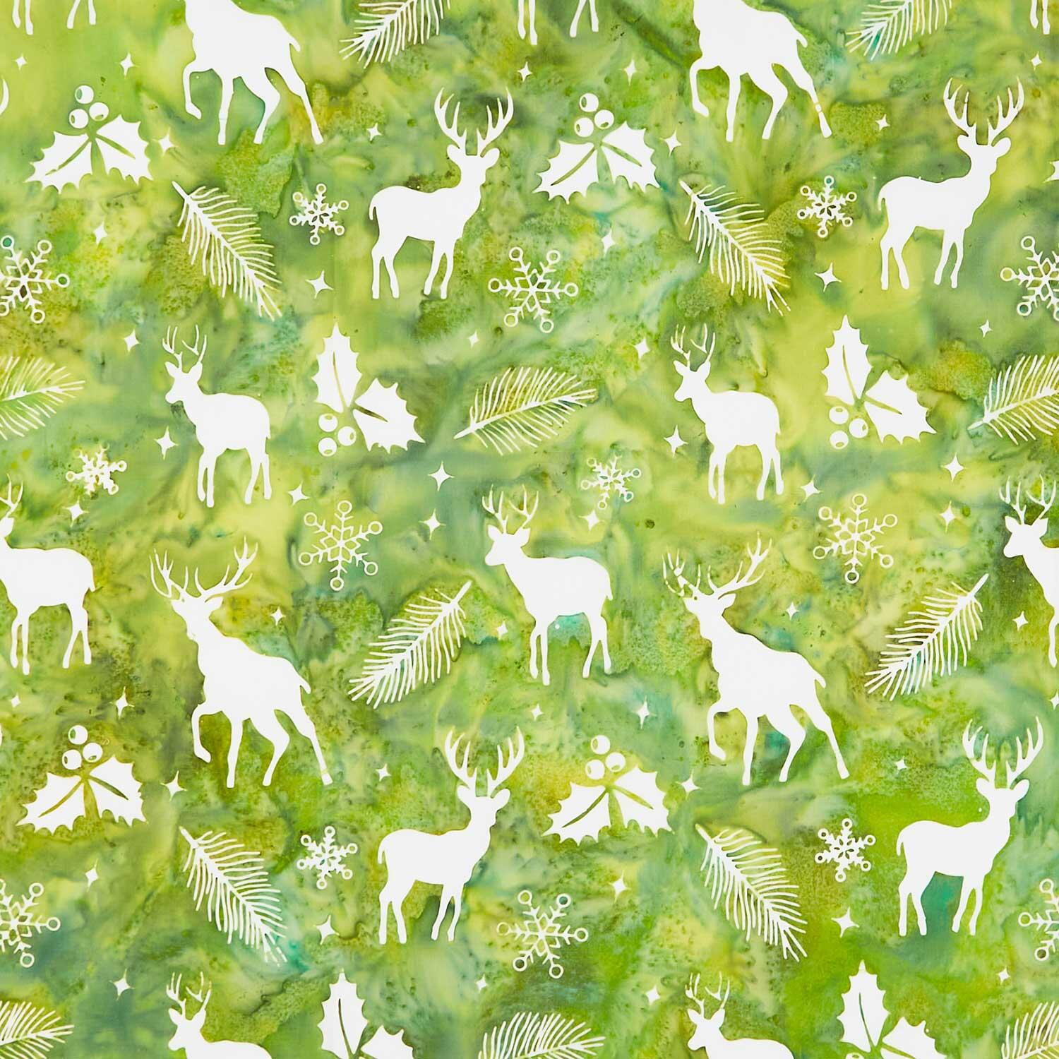 Festive Wishes Batiks - Deer Holly Snowflakes Green