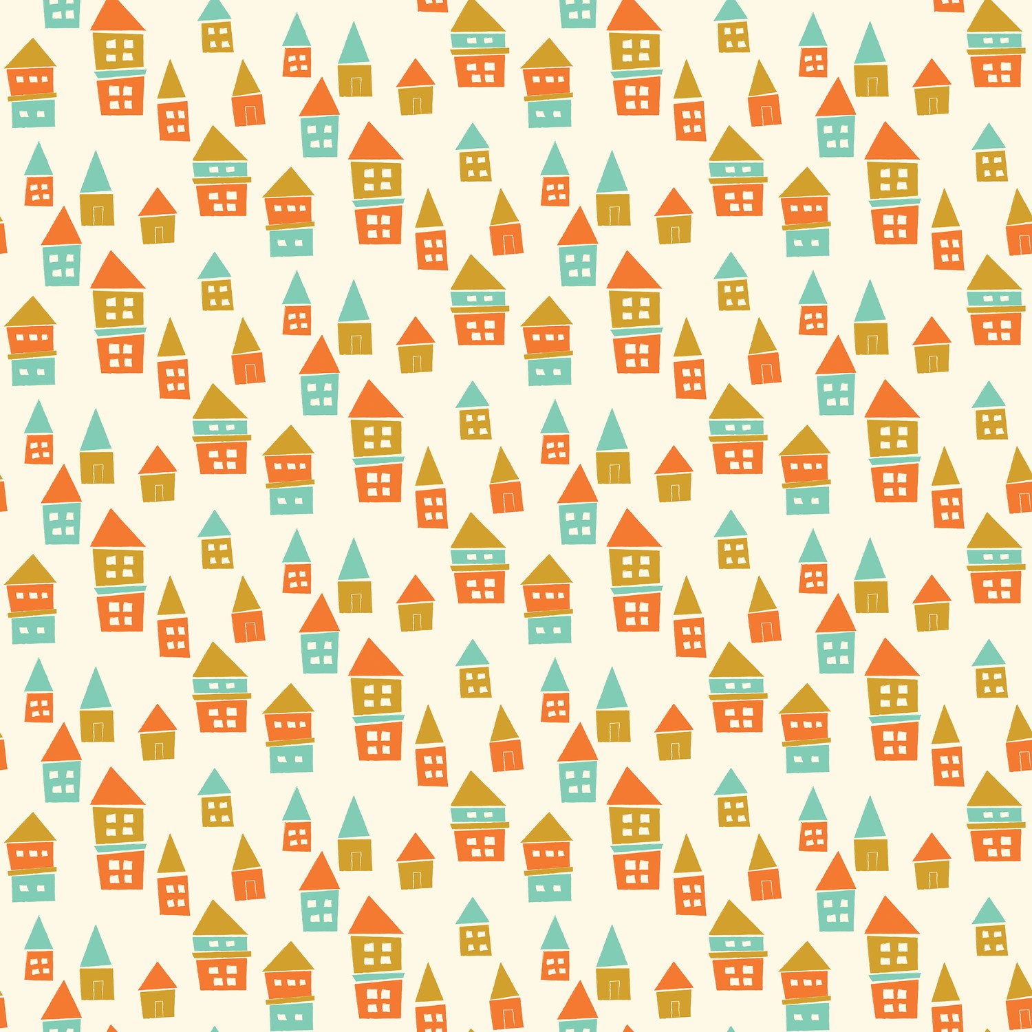 Bumble and Bear Houses Cream Quilting Cotton Fabric Yardage - Cream