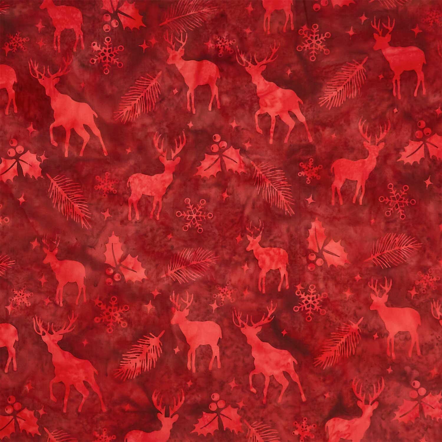 Festive Wishes Batiks - Deer Holly Snowflakes Red Cranberry