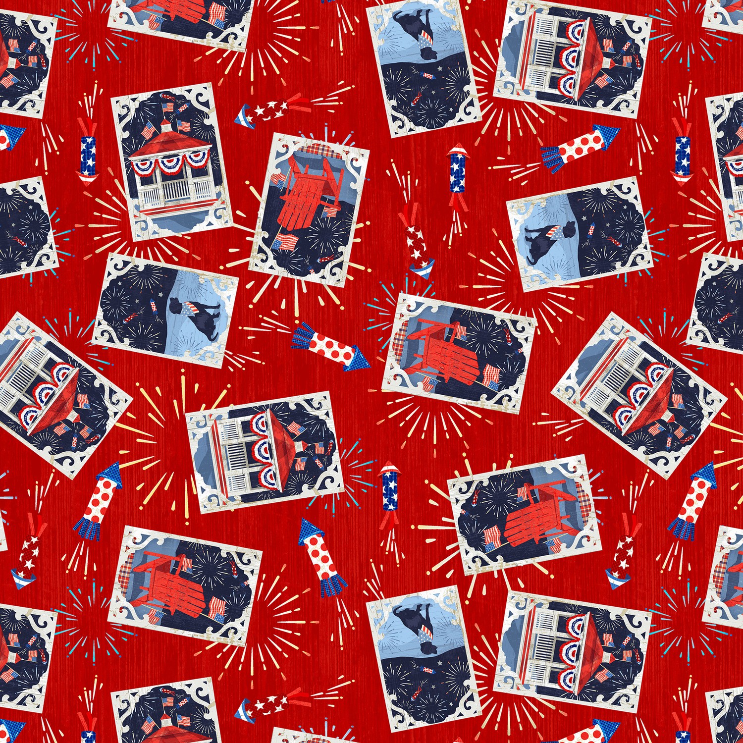 Patriotic Picnic Tossed Images in Boxes Red Quilting Cotton Fabric Yardage - Red